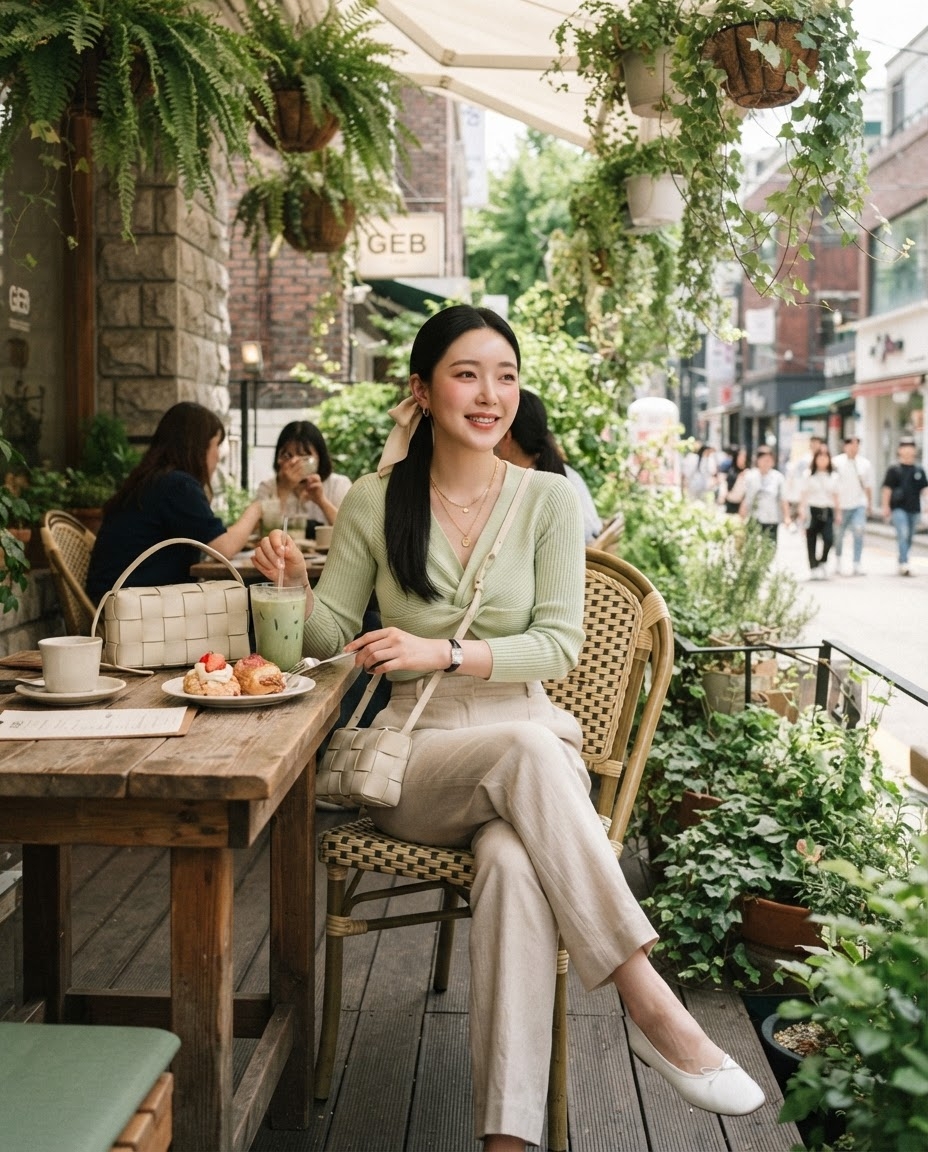SKIPIKS AI 패션 화보 — feminine, casual — 연두색 니트 탑과 베이지색 바지가 어우러져 자연스러운 봄날의 무드를 완성해보세요. 흰색 플랫 슈즈와 헤어 리본으로 여성스러운 포인트를 더해보세요