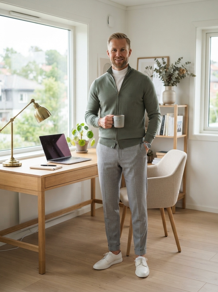 SKIPIKS AI fashion editorial — minimalist, office — I completed a calm yet sophisticated office look with a khaki knit cardigan and 