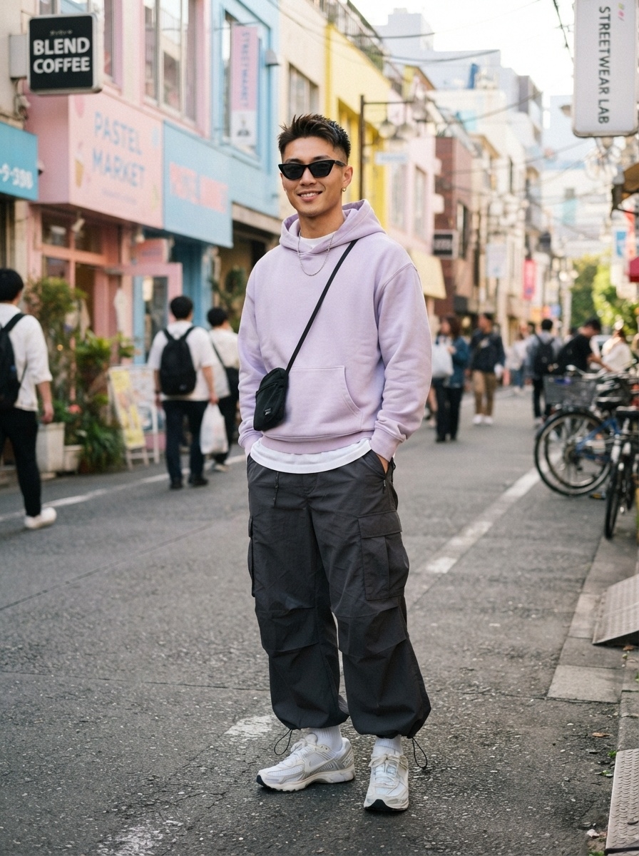 SKIPIKS AI fashion editorial — streetwear, casual — A casual street look featuring a lavender hoodie and dark gray cargo pants stand