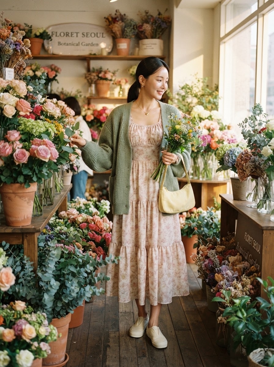 SKIPIKS AIファッション写真 — romantic, floral, pastel — 華やかなフローラルドレスとカーキのニットカーディガンが春の日の爽やかさを感じさせます。黄色のショルダーバッグで愛らしいポイントを加えると良いでしょう。デートや友