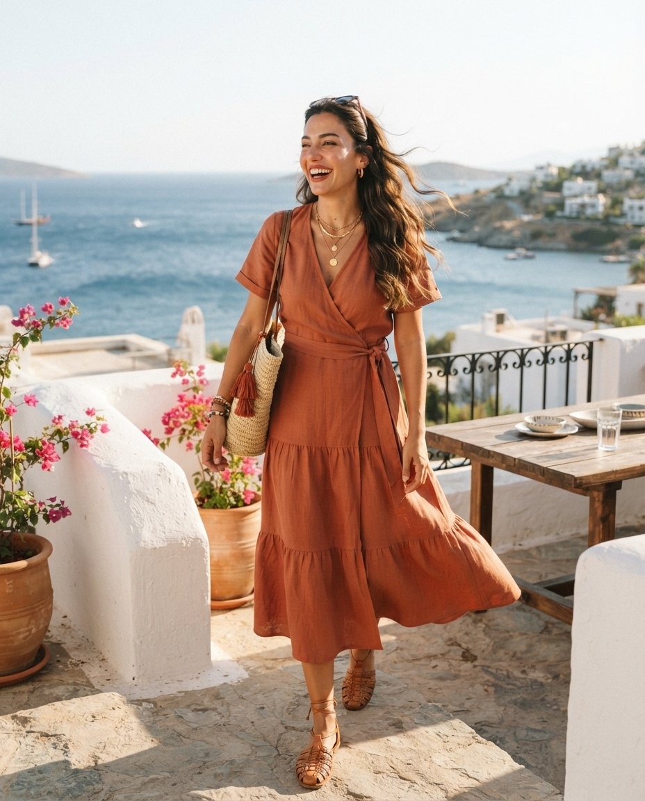 SKIPIKS AI时尚大片 — bohemian, resort, feminine — 陶土色的裹身裙与温暖的夏日海滩风景相得益彰，营造出感性的氛围。搭配草编包和棕色凉鞋，完成自然的波希米亚风格。这套搭配既适合日常穿着，也非常适合在度假时享受悠闲时