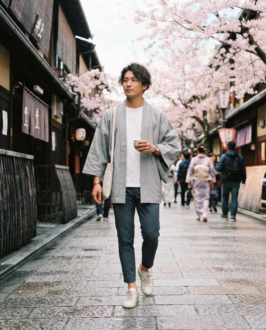 SKIPIKS AI时尚大片 — minimalist, casual — 灰色的和服搭配蓝色休闲裤，营造出现代而简约的氛围。搭配白色T恤和运动鞋，打造轻盈干净的风格。非常适合在春天的樱花树下散步。