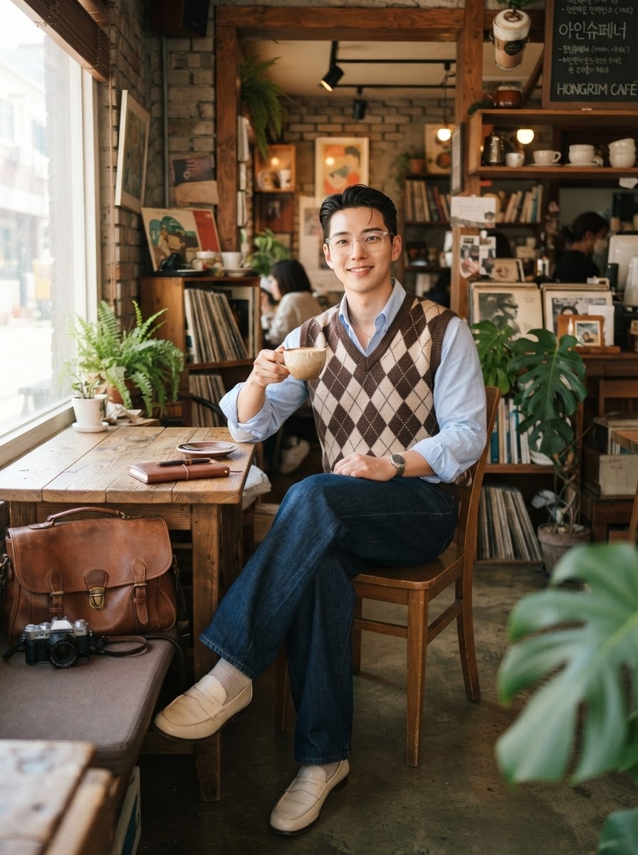 SKIPIKS AIファッション写真 — preppy, vintage, casual — ブラウンのアーガイルベストが心地よい秋の雰囲気を演出します。空色のシャツと濃紺のパンツを合わせて、クラシックでクリーンなスタイルを完成させましょう。このコーディ