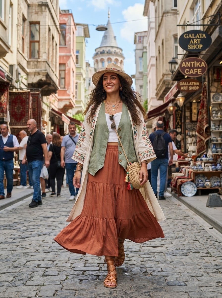 SKIPIKS AI时尚大片 — bohemian, casual, feminine — 这款风格结合了丰盈的棕色长裙和刺绣开衫，完美展现了波希米亚的氛围。用橄榄绿背心增添亮点，并搭配藤编斜挎包，打造自然的造型。这是夏季节日或旅行的推荐穿搭。