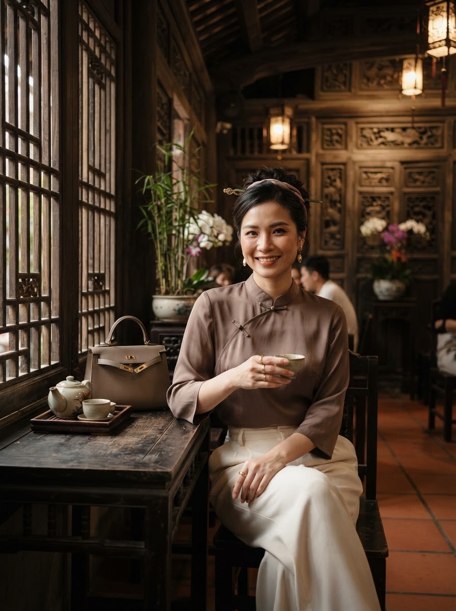SKIPIKS AI fashion editorial — feminine, vintage — The combination of a brown china collar blouse and a cream long skirt exudes a l