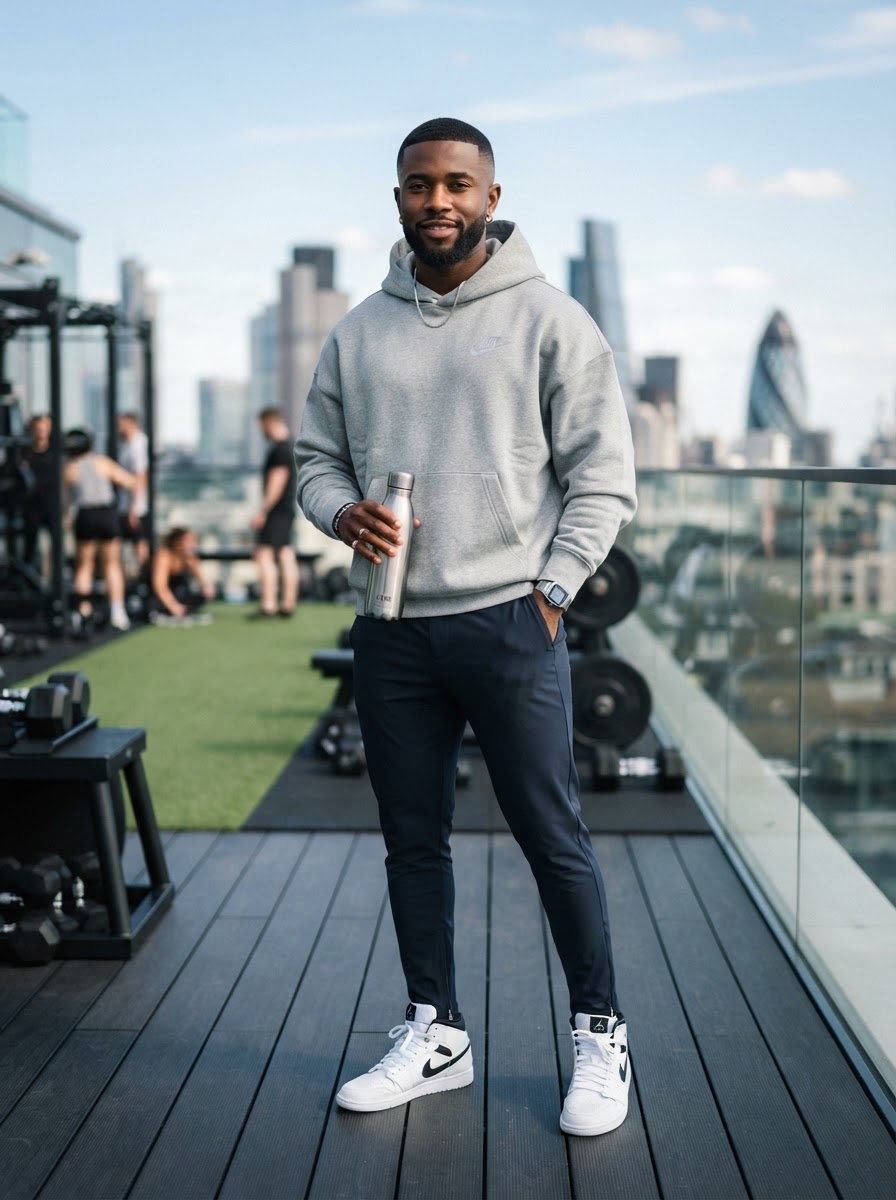 SKIPIKS AIファッション写真 — athleisure, streetwear — グレーのフーディと黒のトラックパンツの組み合わせは、クリーンでありながら快適なアスレジャースタイルを完成させます。スニーカーを加えることでカジュアルなポイントが