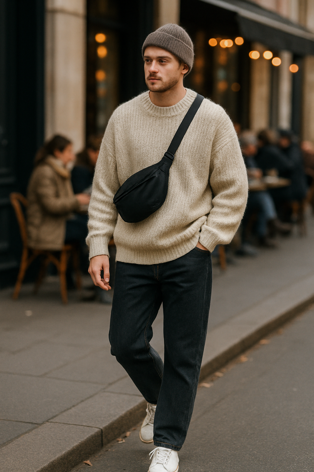 SKIPIKS AI 패션 화보 — casual, minimalist — 베이지 컬러의 니트 스웨터는 가을 시즌에 편안하고 따뜻한 무드를 연출합니다. 블랙 청바지와 화이트 스니커즈를 매치하여 심플하면서도 깔끔한 룩을 