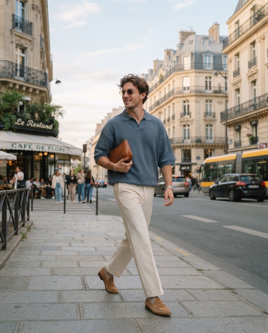 SKIPIKS AI fashion editorial — classic, minimalist — Combine a blue polo shirt with cream-colored pants for a refreshing yet sophisti