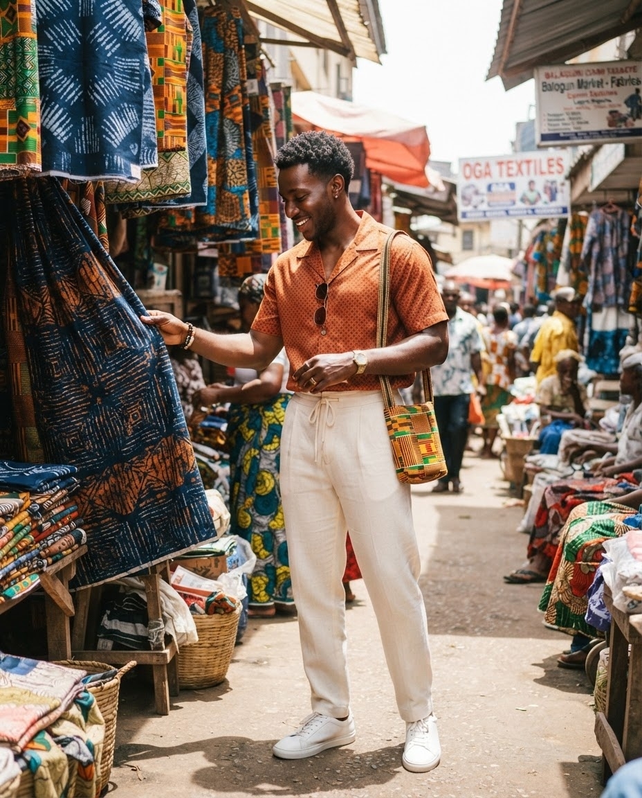 SKIPIKS AI fashion editorial — vintage, casual, colorful — A warm orange shirt paired with cool ivory pants exudes a refreshing summer vibe