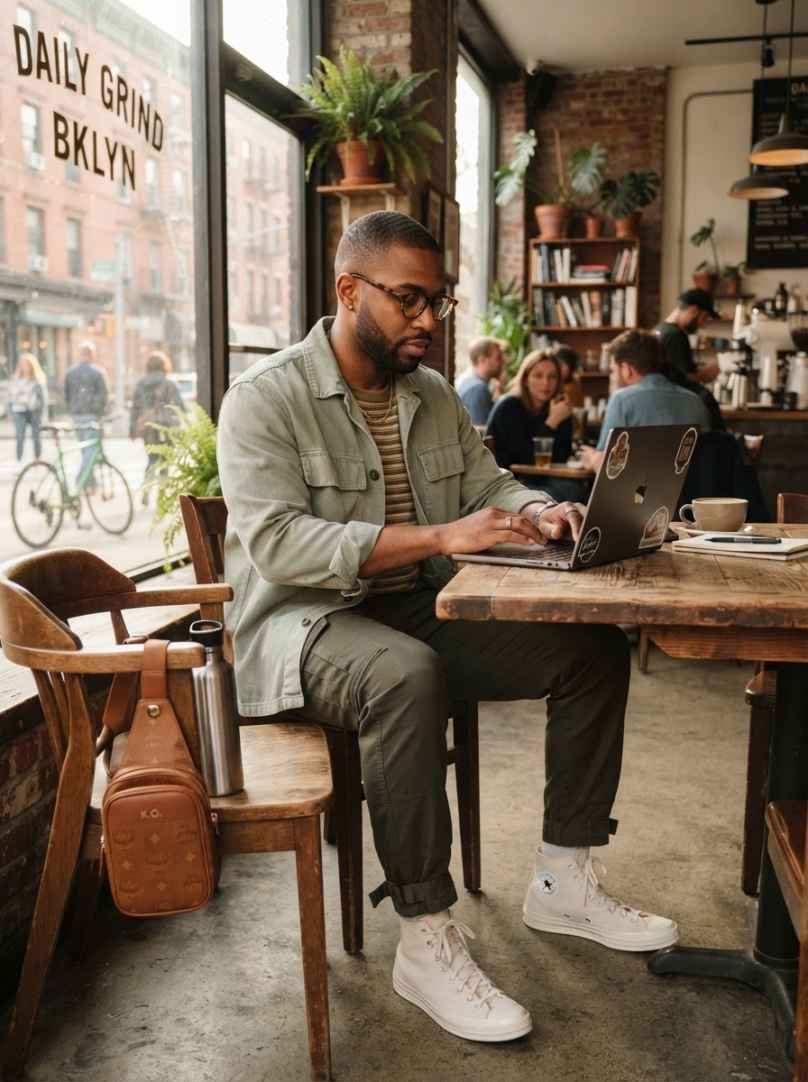 SKIPIKS AI fashion editorial — casual, urban — A casual look highlighted by khaki color, featuring a striped t-shirt and high-t
