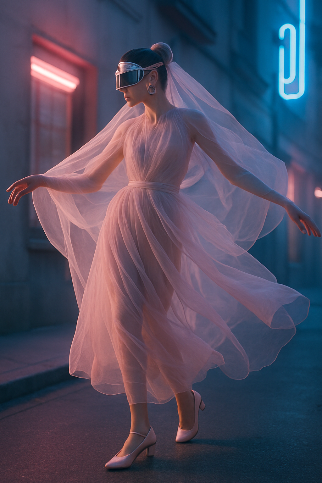 SKIPIKS AI时尚大片 — feminine, avant-garde — 柔和的浅粉色管裙营造出浪漫而未来感的氛围。搭配银色太阳镜，增添创新的配饰亮点。为春季派对或特殊活动完成优雅的造型。