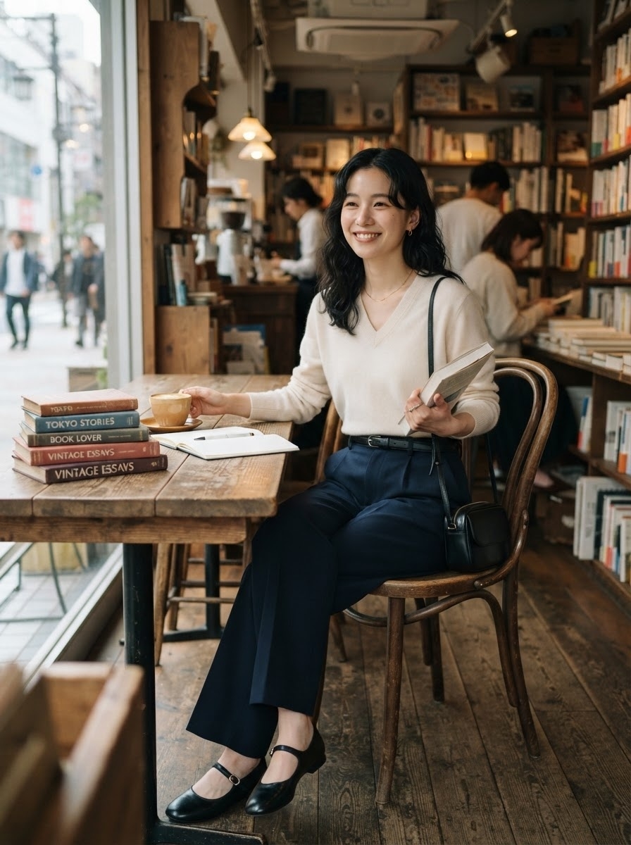 SKIPIKS AI fashion editorial — vintage, chic — The beige sweater and navy slacks create a modern yet calm vibe. Pair it with mi