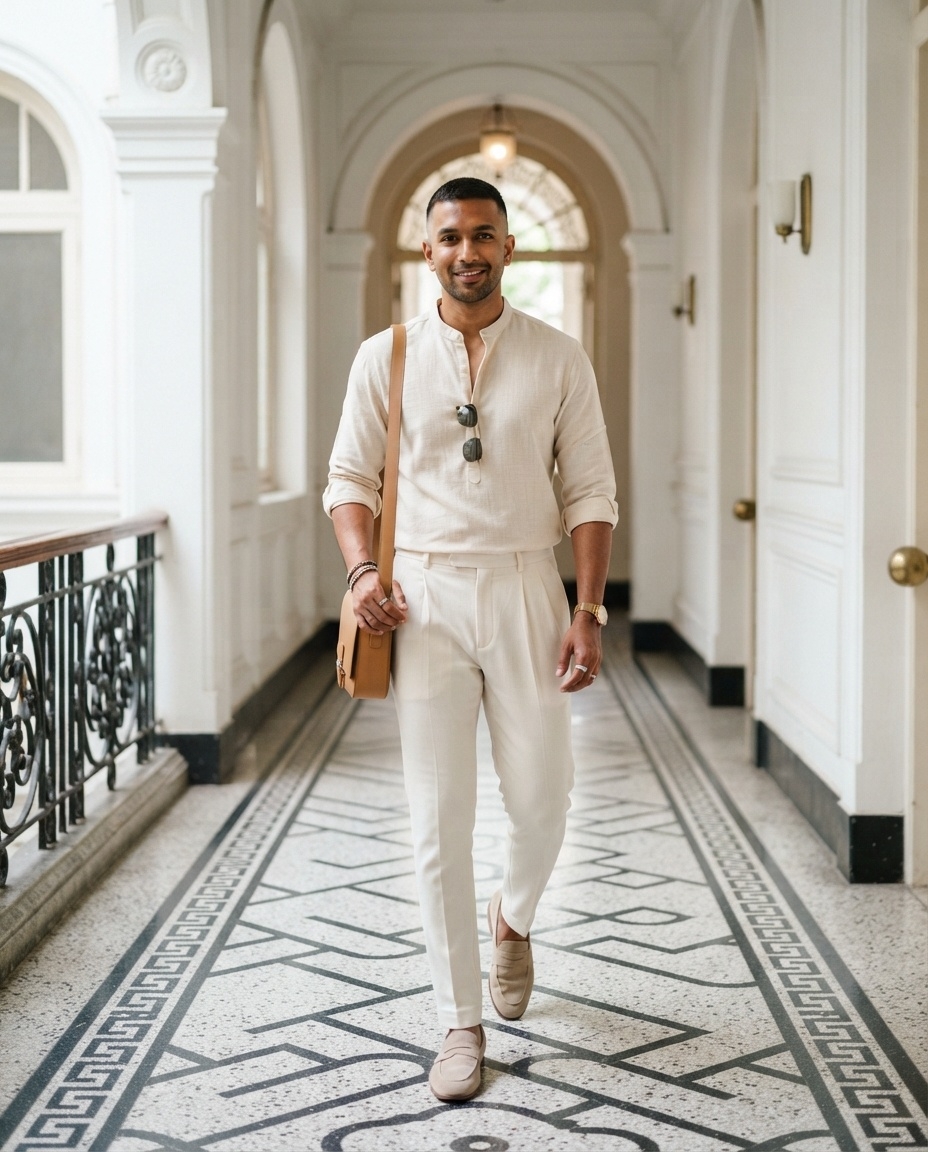 SKIPIKS AI fashion editorial — minimalist, chic — This look highlights the sophisticated image of beige tones and a clean silhouet