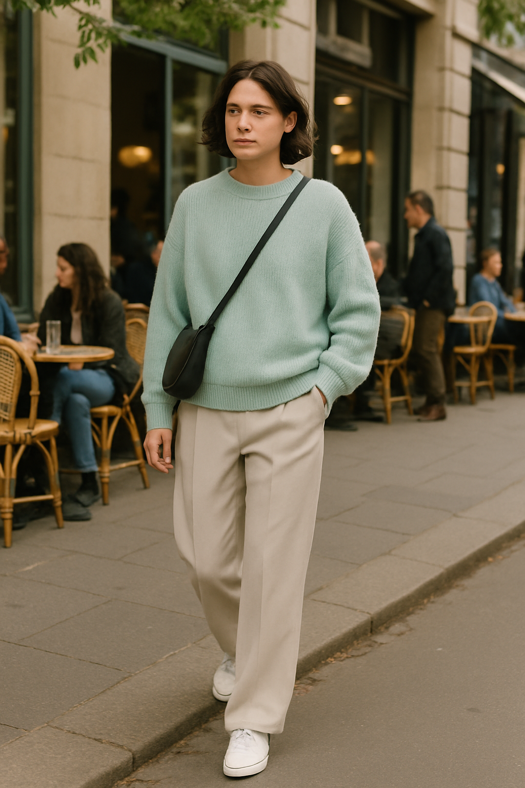 SKIPIKS AI fashion editorial — minimalist, casual — This comfortable casual look features a harmonious blend of a mint sweater and b