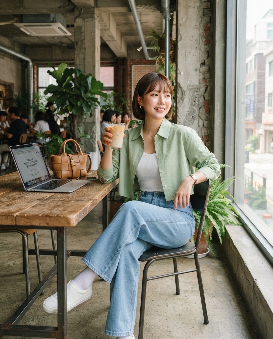 SKIPIKS AI时尚大片 — casual, minimalist — 浅绿色衬衫和白色背心的搭配营造出清新的春季氛围。搭配浅蓝色牛仔裤，打造出既活泼又舒适的休闲造型。这种风格非常适合与朋友的咖啡约会或日常外出。