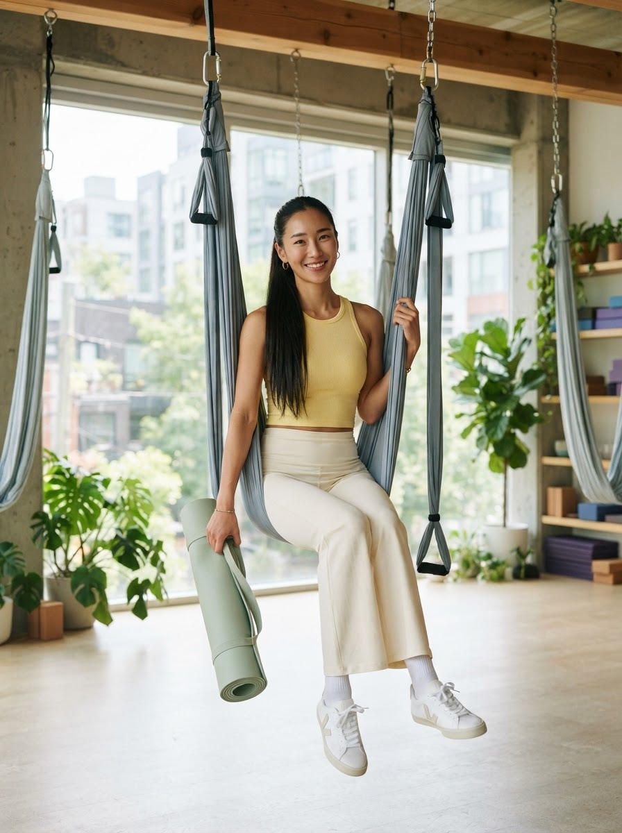 SKIPIKS AI fashion editorial — athleisure, minimalist — Create a fresh and relaxed vibe with a bright yellow sleeveless top and cream yo