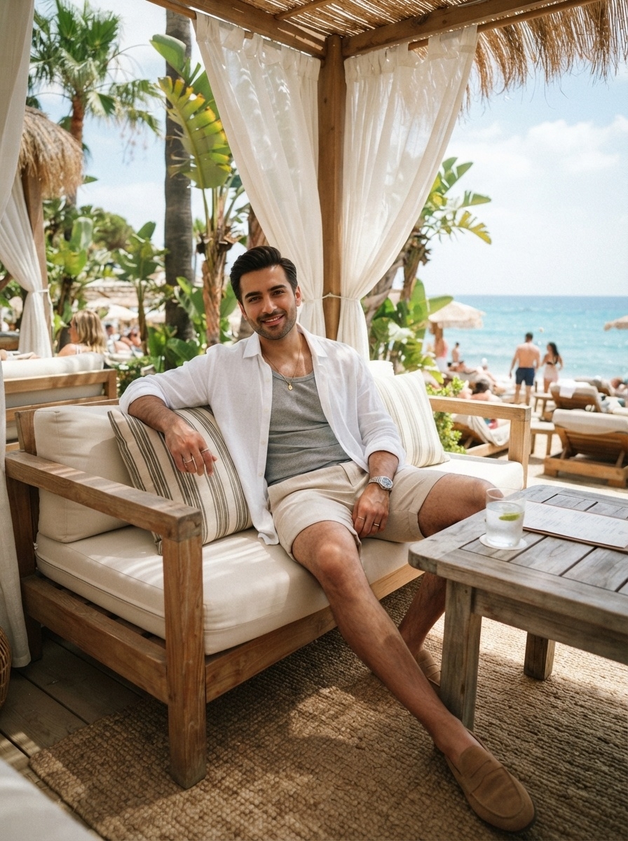 SKIPIKS AI fashion editorial — resort, casual — Complete a cool and clean summer style with a white linen shirt and a gray sleev
