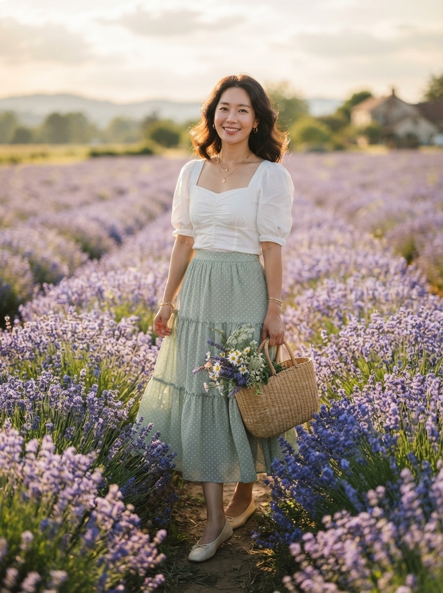 SKIPIKS AIファッション写真 — romantic, feminine, bohemian — 自然の中で輝くロマンティックなムードのルックです。明るいミント色のスカートが愛らしいシルエットを作り出します。ラタンバッグとフラットシューズで快適さと洗練さを兼