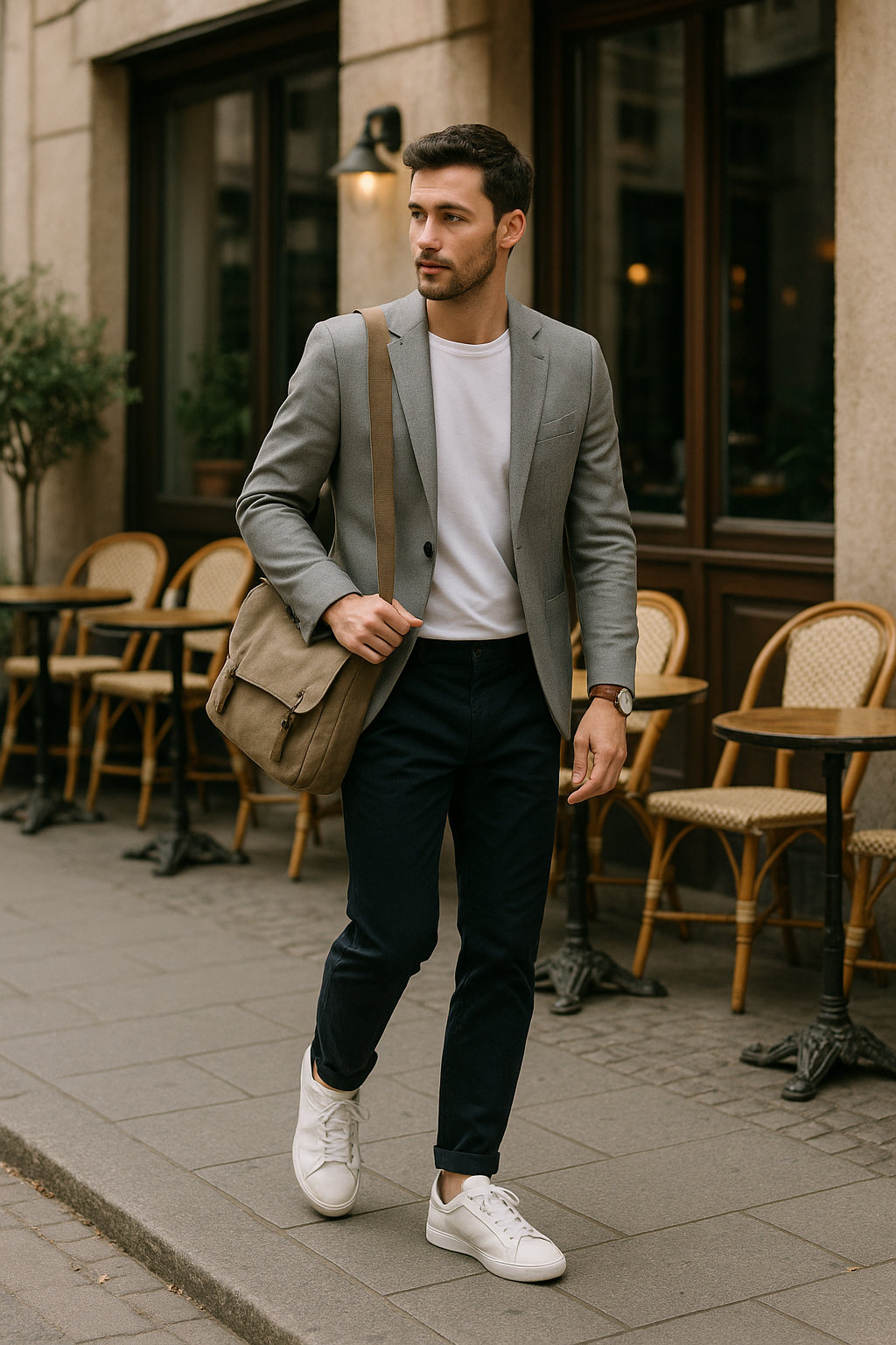 SKIPIKS AI时尚大片 — business_casual, minimalist — 通过引人注目的灰色西装外套和海军蓝裤子的组合，展现时尚男性魅力。搭配白色T恤和运动鞋，打造舒适又精致的商务休闲造型。这套服装非常适合办公室或咖啡约会。