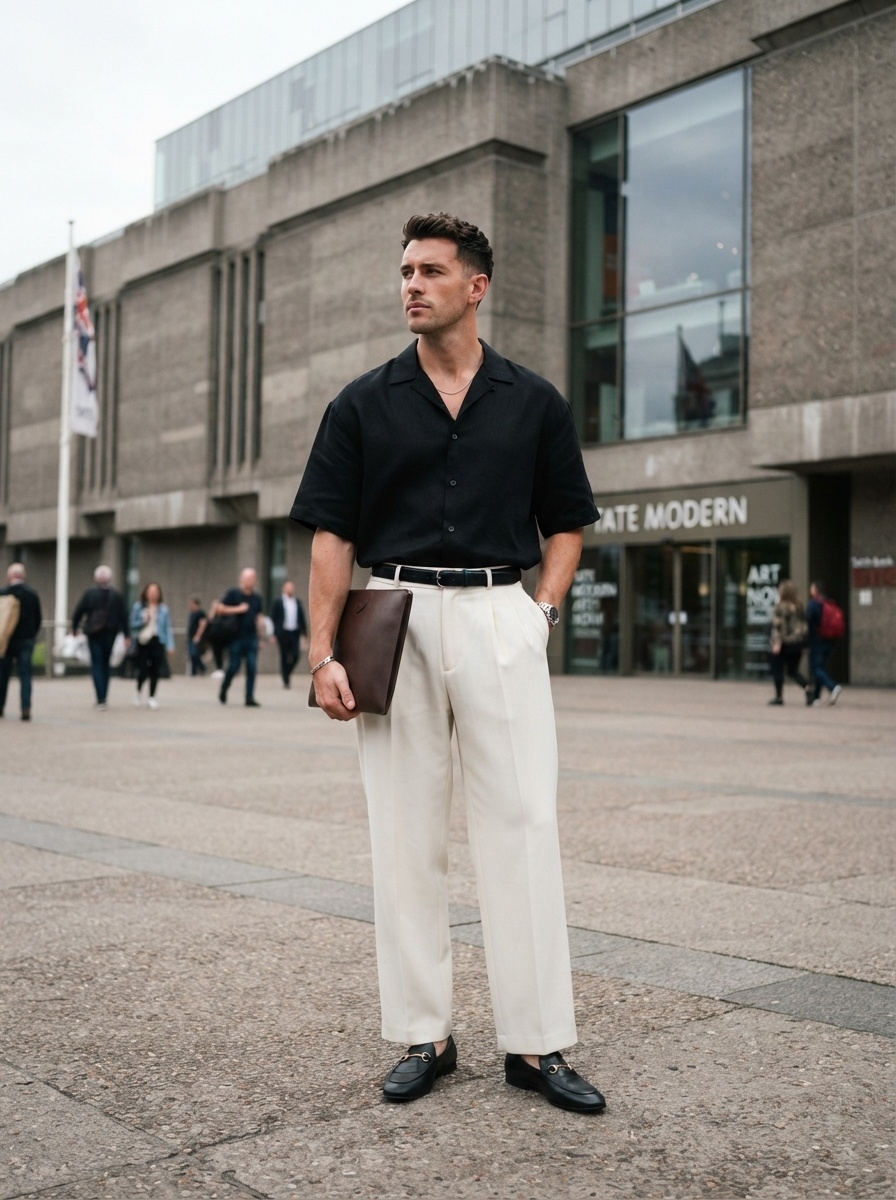 SKIPIKS AIファッション写真 — minimalist, preppy — 黒いシャツとクリーム色のスラックスの組み合わせが洗練されたクリーンな印象を与えます。クラシックなローファーとブラウンのクラッチを合わせて、モダンで高級感のある雰