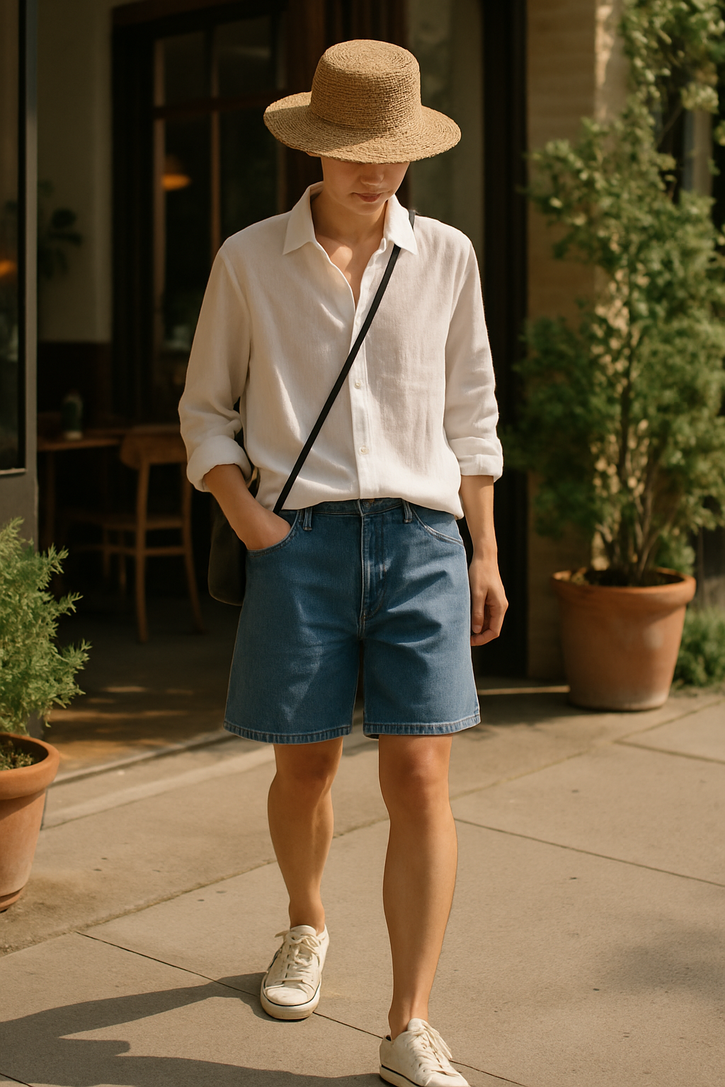 SKIPIKS AI fashion editorial — minimalist, casual — Create a fresh summer vibe with a bright white shirt and denim shorts. Pair it w