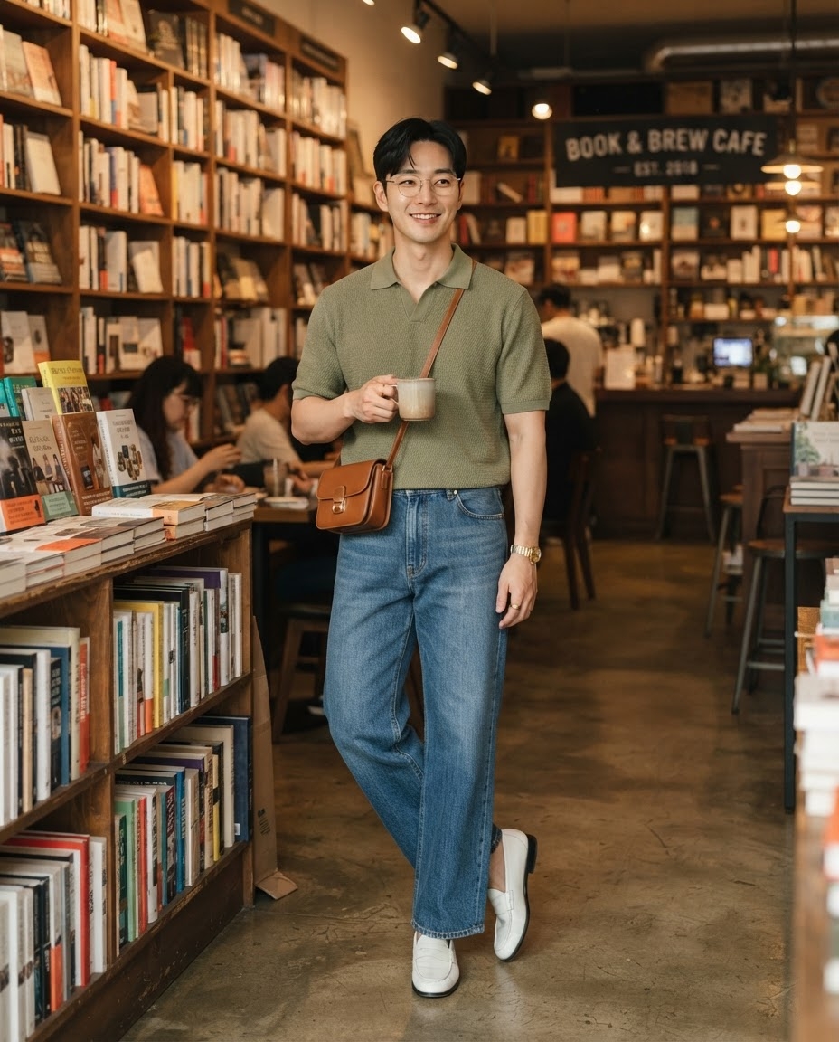 SKIPIKS AI fashion editorial — casual, minimalist — The olive color polo shirt paired with blue jeans creates a chic yet comfortable