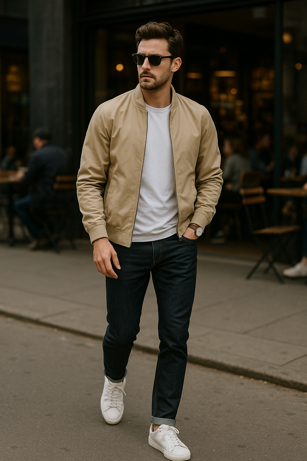 SKIPIKS AI 패션 화보 — casual, minimalist — 베이지 블루종과 청바지의 조화가 시선을 끄는 캐주얼 룩이에요. 간절기 패션으로 적합하며 화이트 스니커즈로 깔끔한 마무리를 추천해요. 데일리나 데