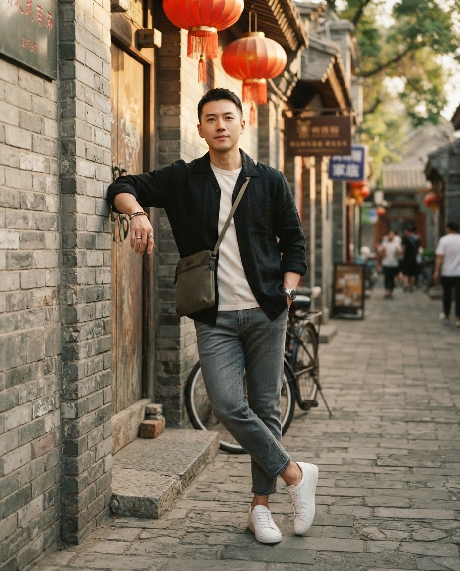 SKIPIKS AIファッション写真 — casual, minimalist — 基本的なカラーの組み合わせが魅力的なシンプルで洗練されたカジュアルスタイルです。ネイビーのシャツに白いTシャツをレイヤードし、淡い青のジーンズと白いスニーカーで