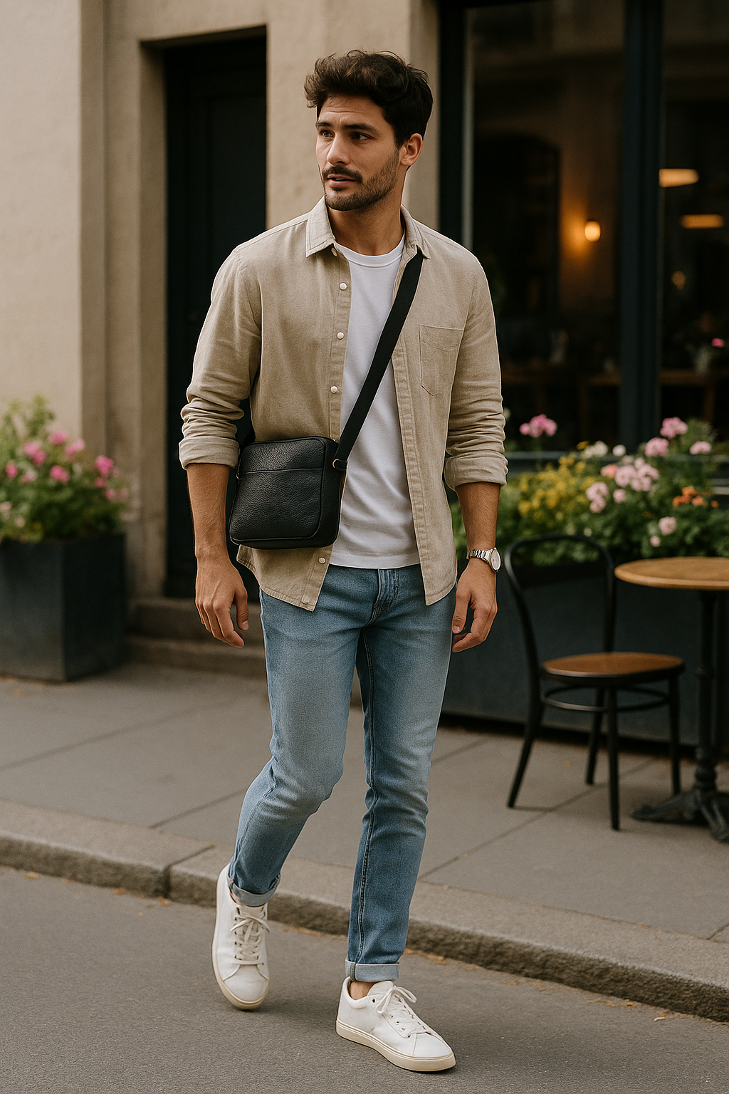 SKIPIKS AI fashion editorial — minimalist, casual — The combination of a beige shirt and a white T-shirt creates a natural and soft 