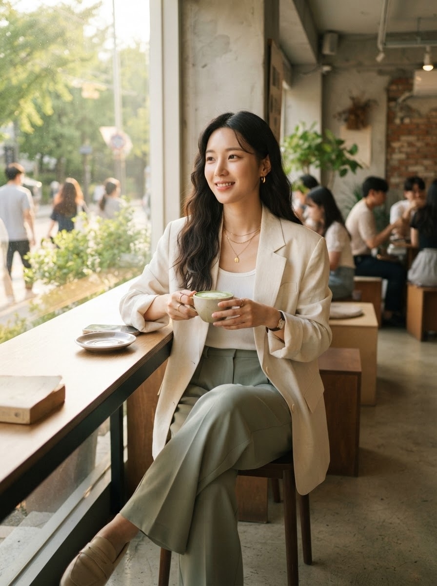 SKIPIKS AI 패션 화보 — minimalist, chic — 베이지 블레이저와 민트 팬츠가 어우러진 스타일은 세련된 무드를 연출합니다. 화이트 탱크탑과 골드 액세서리로 포인트를 주어 깔끔하면서도 고급스러운