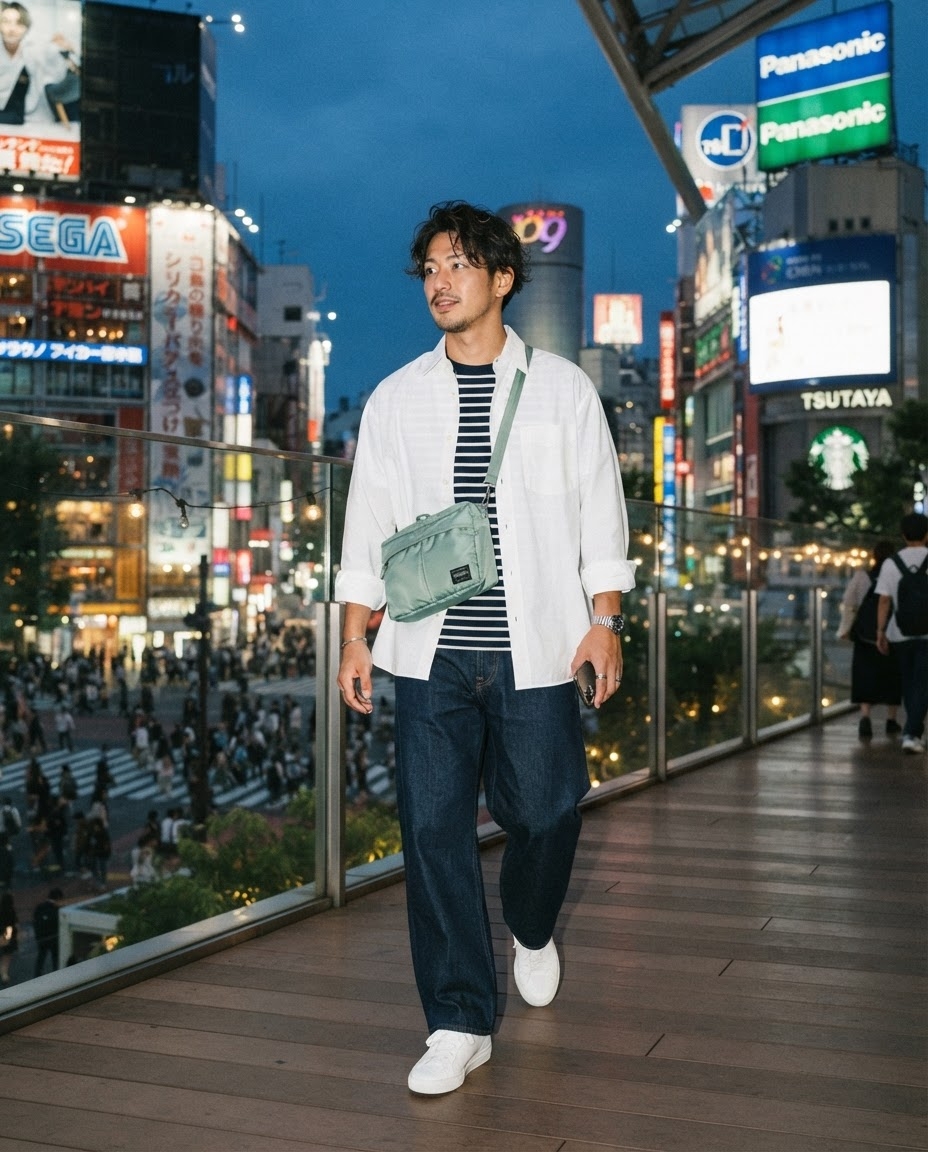 SKIPIKS AI fashion editorial — casual, urban — This is a comfortable summer casual look. The striped t-shirt paired with a whit