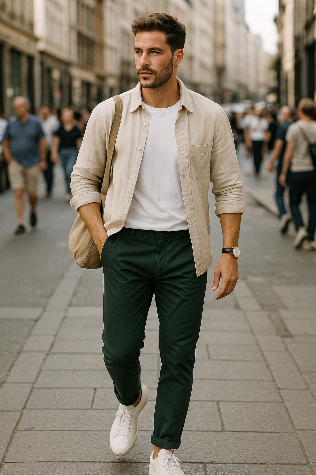 SKIPIKS AI fashion editorial — minimalist, casual — The combination of a cream shirt and dark green slacks exudes a sophisticated ye