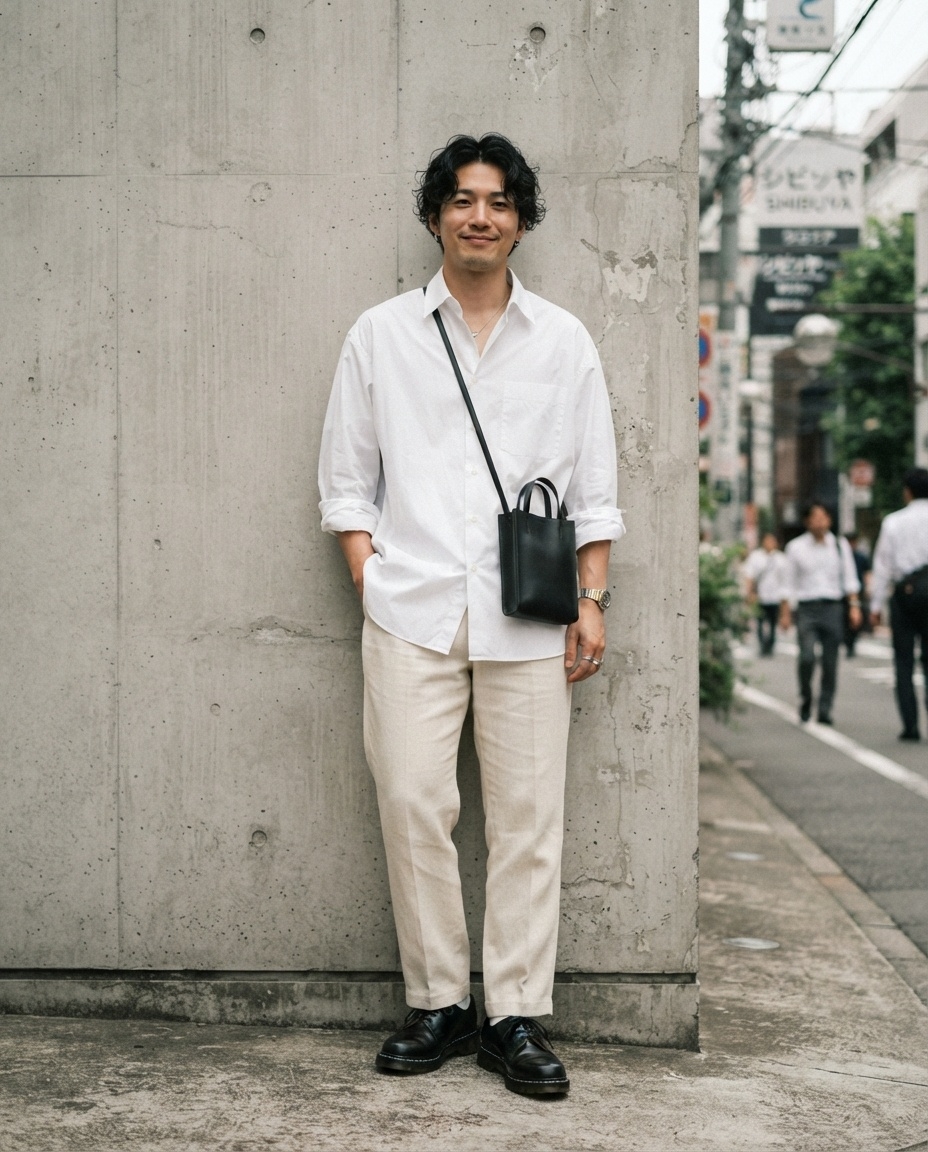 SKIPIKS AI fashion editorial — minimalist, modern — This look showcases a clean and sophisticated mood. The combination of a white s