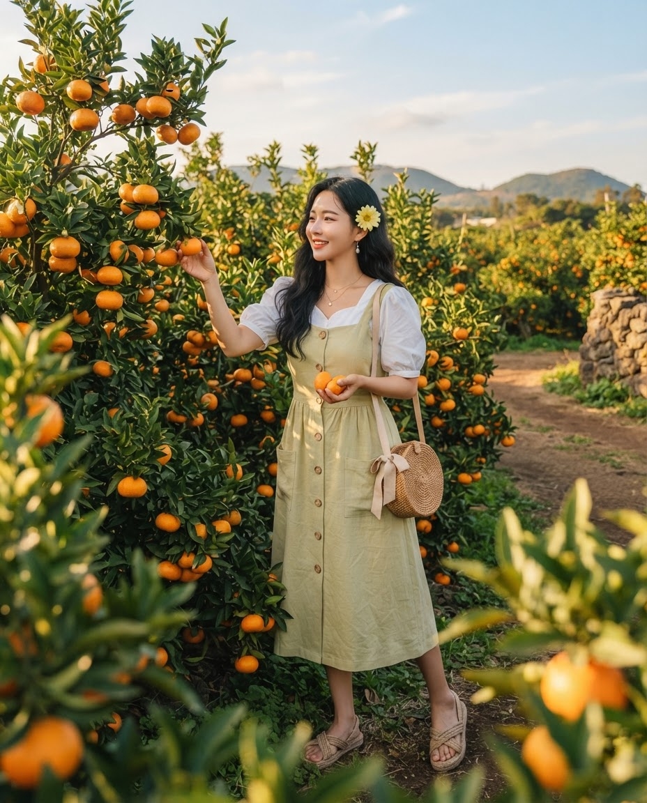 SKIPIKS AI 패션 화보 — feminine, natural, romantic — 부드러운 봄 햇살 아래 밝은 연노랑 원피스가 산뜻한 무드를 완성합니다. 흰색 블라우스와 라탄 백이 자연스럽게 매치되어 하루의 여유로운 느낌을 더