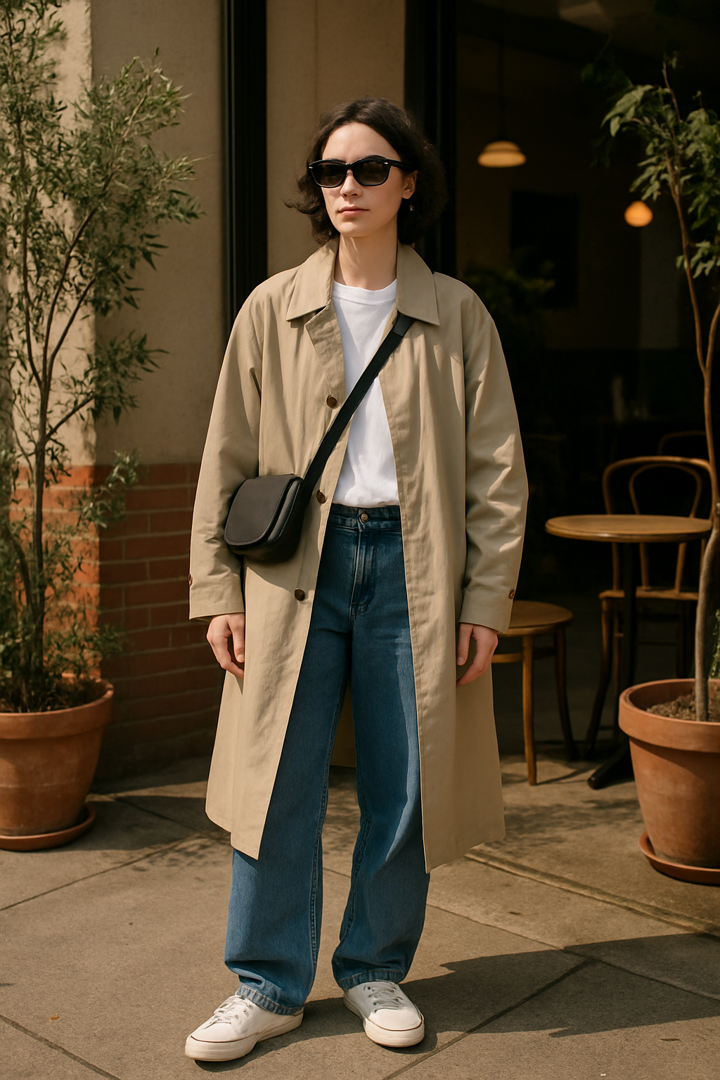 SKIPIKS AI fashion editorial — minimalist, casual — The beige trench coat paired with a white t-shirt creates a classic yet modern v