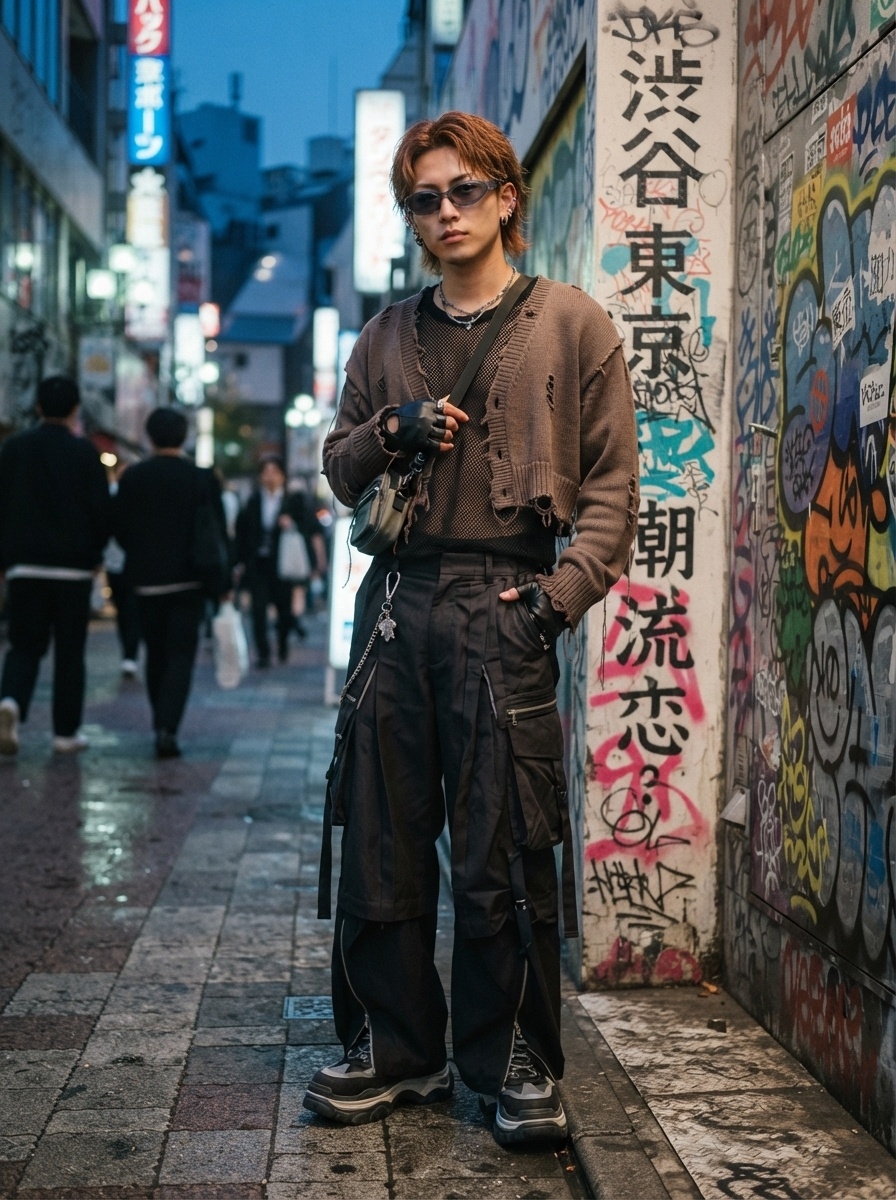SKIPIKS AI 패션 화보 — streetwear, grunge, edgy — 빈티지한 무드와 거친 스트리트 감성을 동시에 느낄 수 있는 착장입니다. 찢어진 갈색 가디건과 망사 티셔츠가 독특한 레이어링을 보여주며, 카고 팬