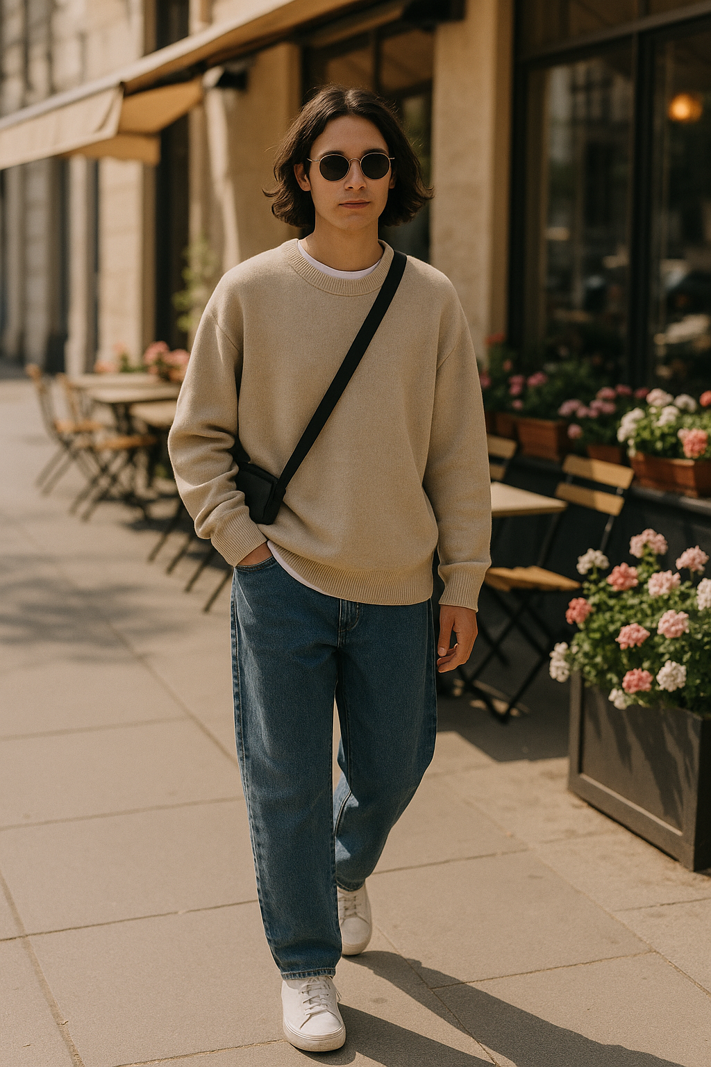 SKIPIKS AI时尚大片 — minimalist, casual — 这款造型将米色针织毛衣与牛仔裤结合，营造出舒适而时尚的感觉。搭配简约的斜挎包和运动鞋，提升实用性。这是适合轻松外出或与朋友见面的秋季风格。