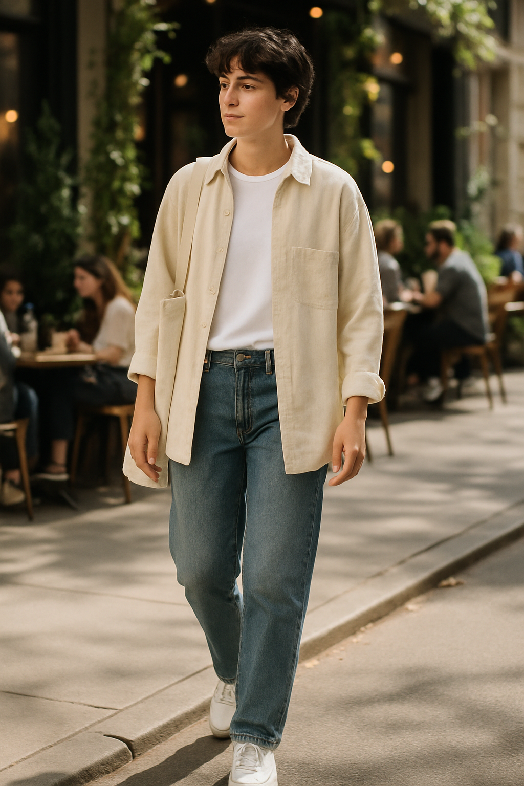 SKIPIKS AI时尚大片 — casual, minimalist — 米色衬衫与牛仔裤的搭配营造出休闲而舒适的氛围。搭配白色T恤和运动鞋，干净利落。推荐作为夏季日常穿搭，适合轻松出行。