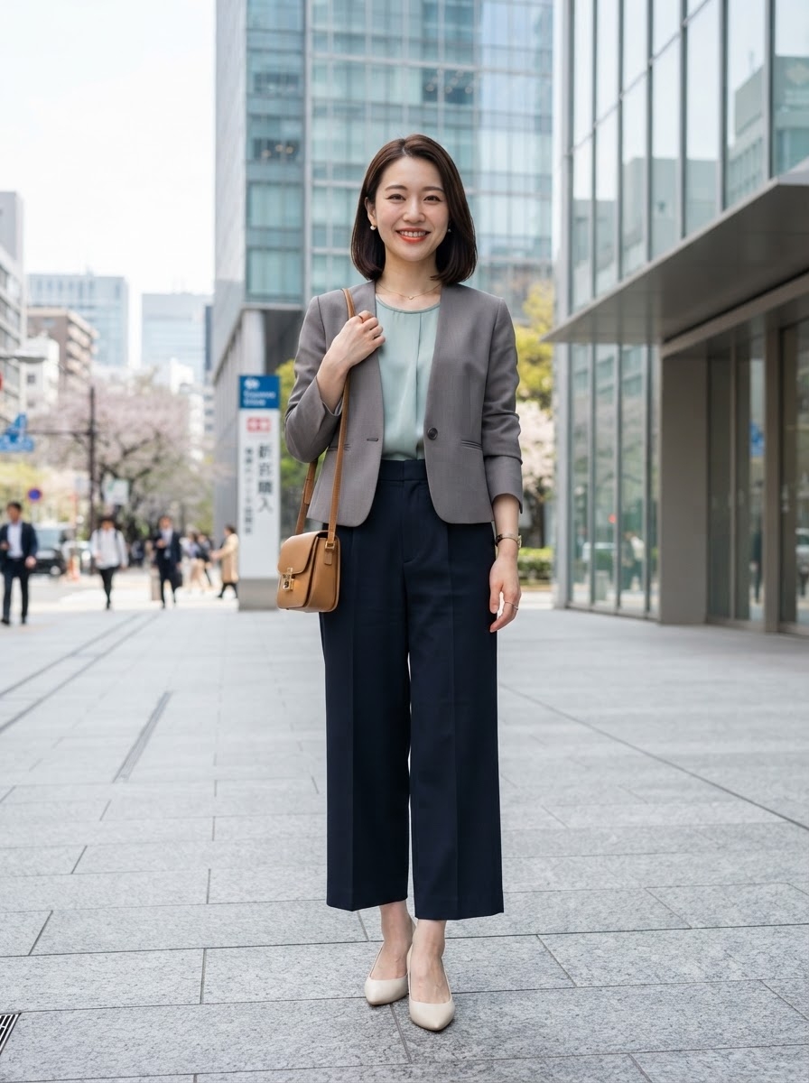 SKIPIKS AI fashion editorial — minimalist, office — A light gray jacket adds a touch to a clean and sophisticated spring office look
