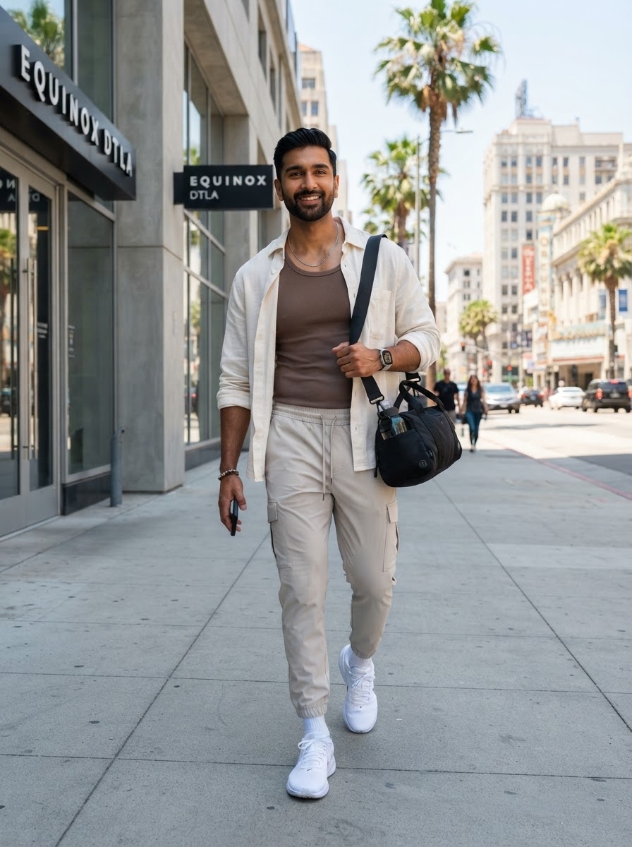 SKIPIKS AIファッション写真 — smartcasual, athleisure — ベージュの色合いで洗練されたムードを演出するルックです。ブラウントーンのスリーブレストップとシャツを組み合わせて、リラックスしたシルエットを完成させましょう。デ