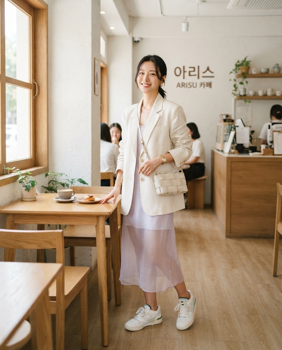 SKIPIKS AI 패션 화보 — feminine, casual — 베이지 블레이저와 화이트 시폰 원피스로 산뜻한 봄 느낌을 주는 룩이에요. 스니커즈로 캐주얼함을 더하고, 크림 컬러의 숄더백으로 은은한 포인트를 