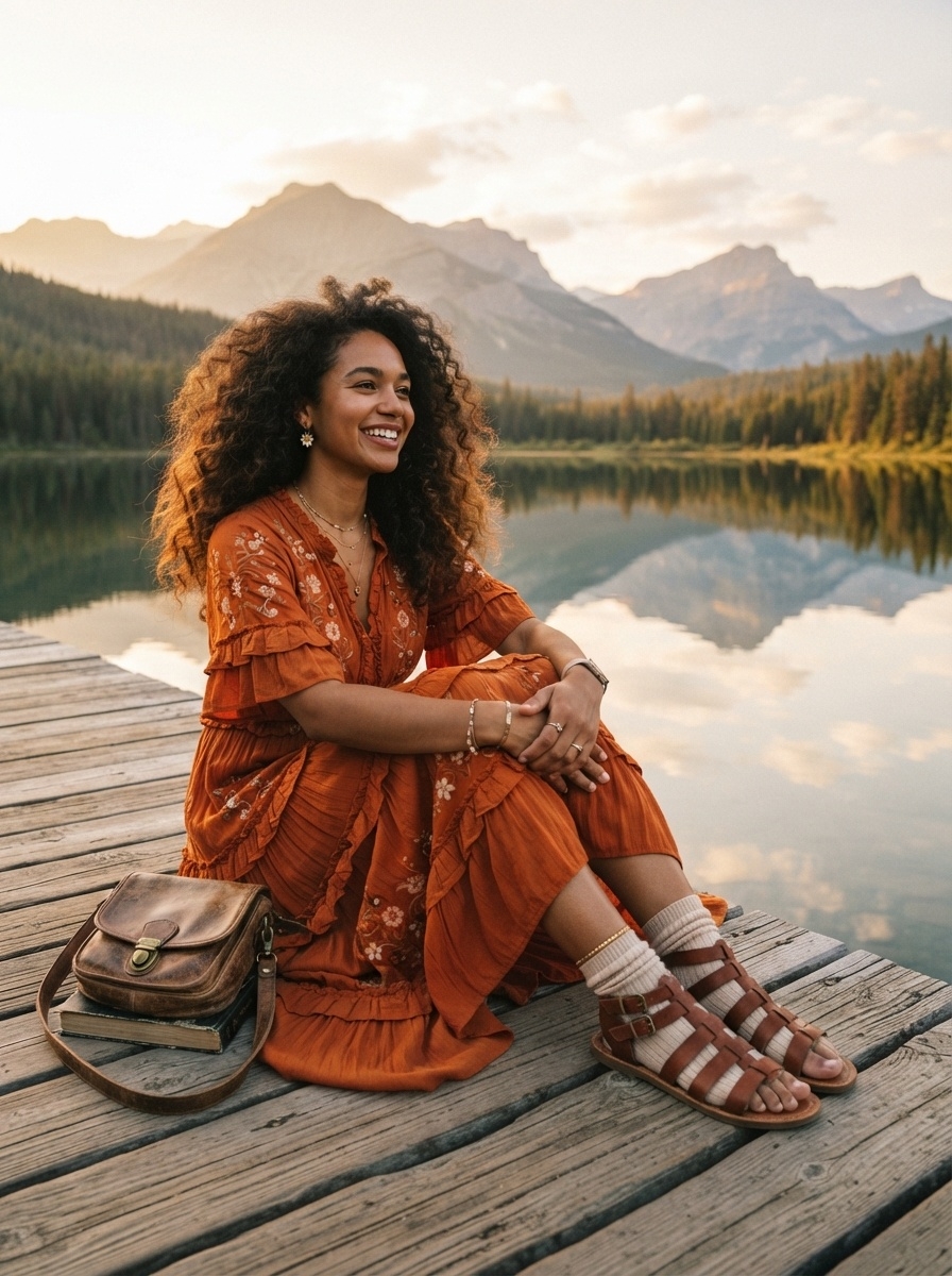 SKIPIKS AI fashion editorial — bohemian, vintage, feminine — A beautifully radiant bohemian mood embroidered long dress stands out in nature.