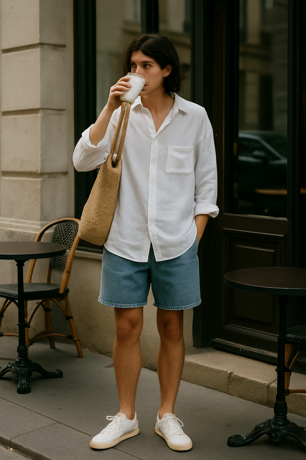 SKIPIKS AI fashion editorial — minimalist, casual — Pair a white shirt with denim shorts for a clean, light summer vibe. Add a ratta