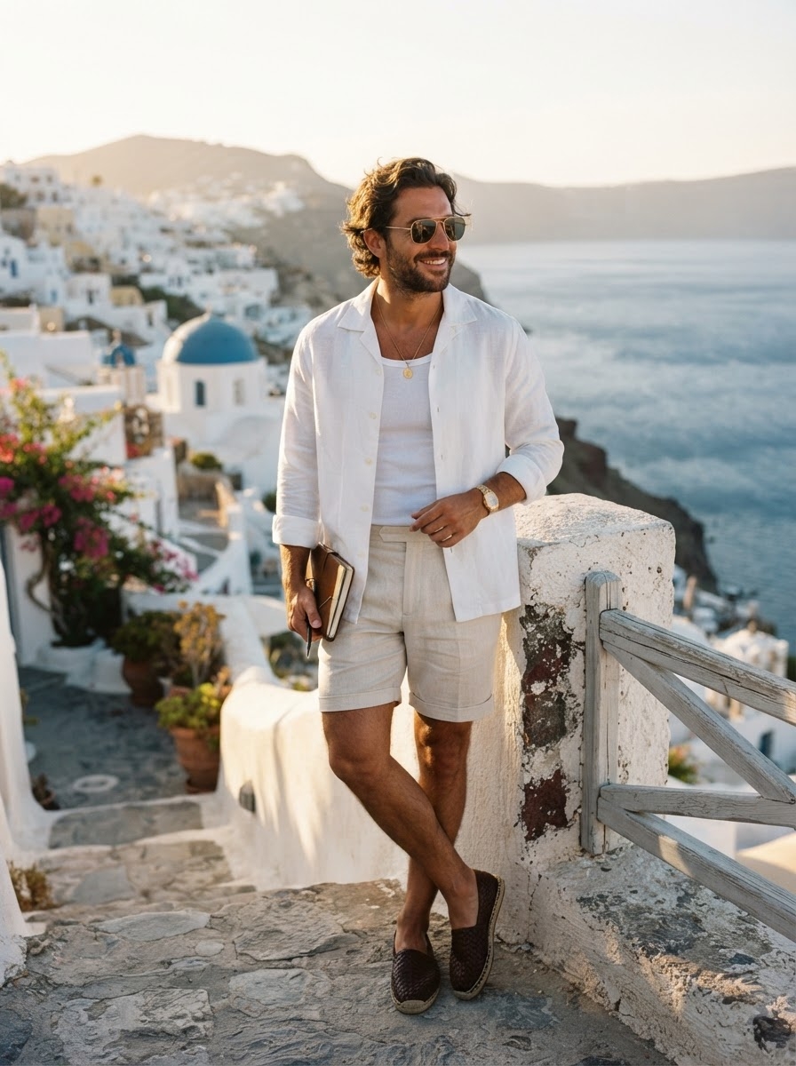 SKIPIKS AI fashion editorial — minimalist, vacation — This look, completed with a white shirt and beige shorts, exudes a cool and styl
