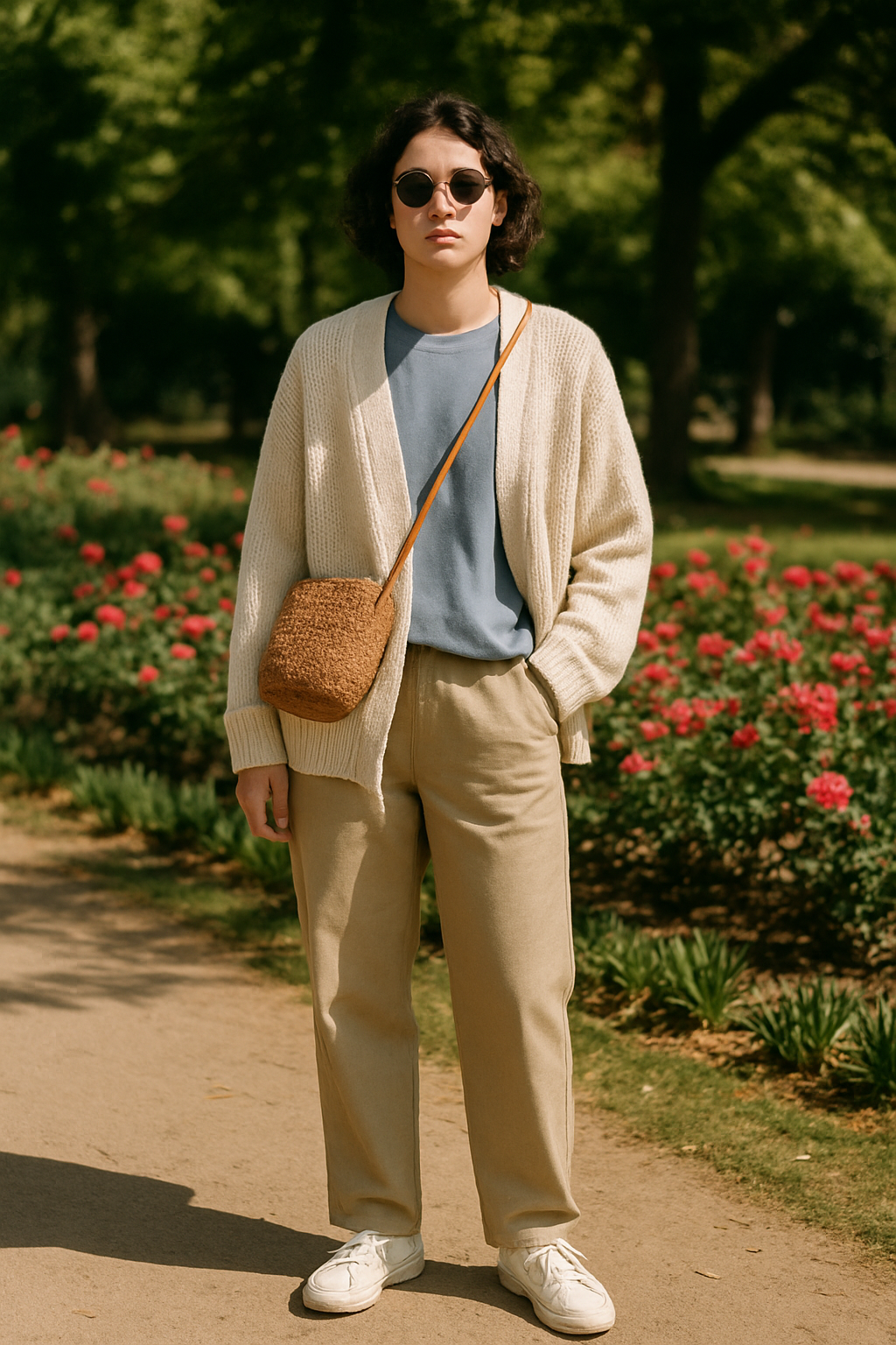 SKIPIKS AI fashion editorial — casual, minimalist — The combination of an ivory knit cardigan and a blue t-shirt creates a soft vibe