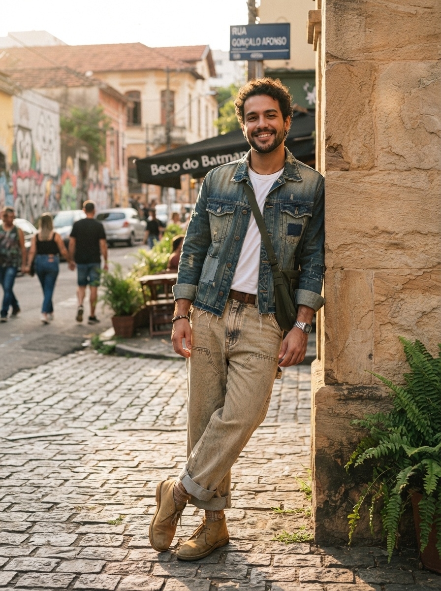 SKIPIKS AIファッション写真 — casual, vintage — ヴィンテージなムードのデニムジャケットとベージュトーンのジーンズが自然に調和したスタイリングです。基本の白いTシャツとクロスボディバッグを合わせることで、快適で