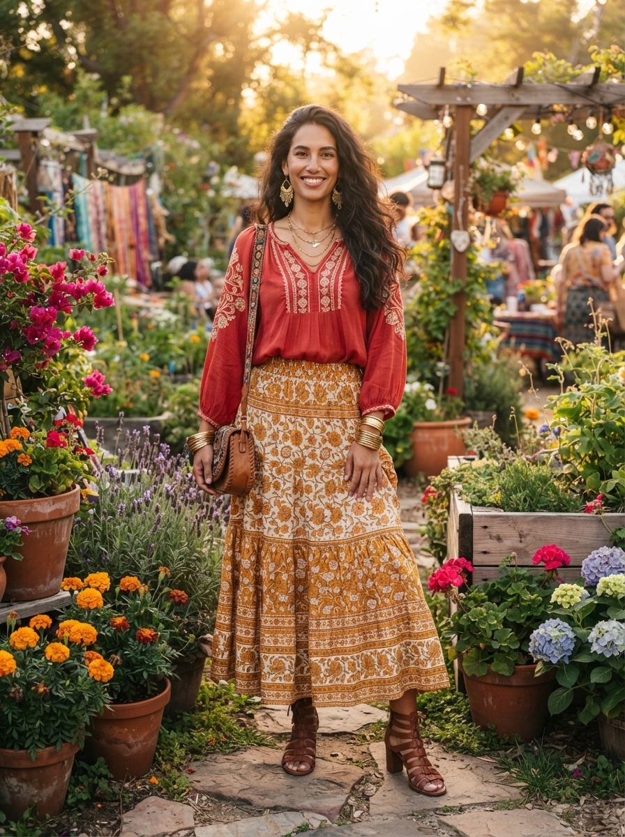 SKIPIKS AI fashion editorial — bohemian, vintage, feminine — This look captures a bohemian vibe that feels like it's from nature. The mix of 