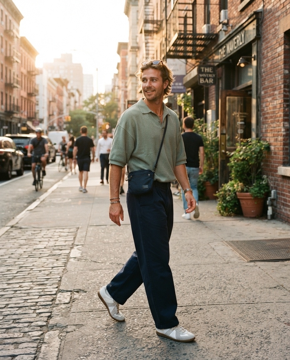 SKIPIKS AI 패션 화보 — minimalist, streetwear — 도시의 활력과 잘 어울리는 와이드 팬츠와 폴로 셔츠의 조화가 시선을 끕니다. 네이비와 화이트 스니커즈로 편안한 멋을 더해보세요. 가벼운 크로스백