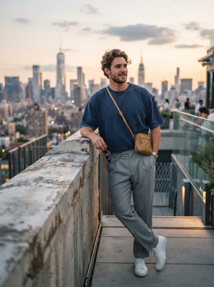 SKIPIKS AI 패션 화보 — minimalist, casual — 네이비와 회색의 조화가 돋보이는 세련된 룩입니다. 가벼운 티셔츠와 여유로운 핏의 바지로 편안한 스타일을 연출해보세요. 크로스백과 선글라스가 심플