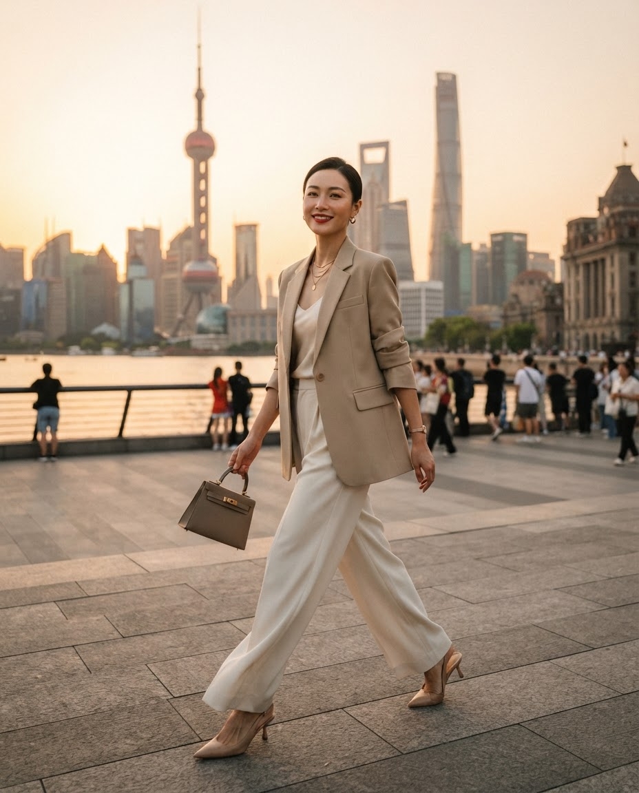SKIPIKS AI 패션 화보 — chic, business — 베이지 톤의 블레이저와 크림 팬츠가 조화를 이루어 세련된 분위기를 자아내는 룩입니다. 베이지나 누드톤의 힐로 깔끔한 라인을 강조하고, 작은 브라